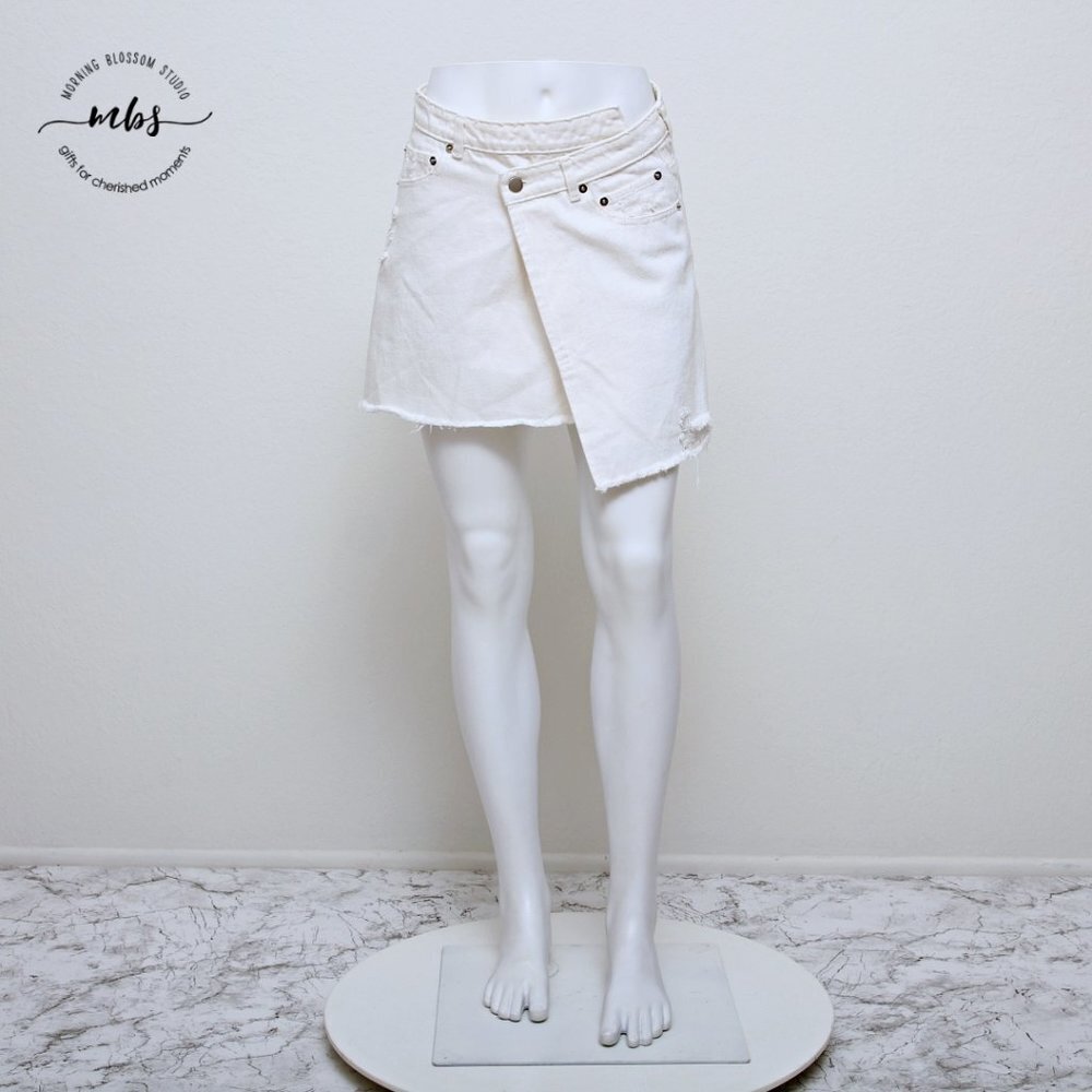 NWT Etophe Studios Asymmetrical Distressed Mini Denim Skirt with Raw‎ Hem